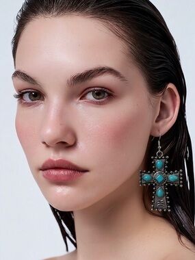 Silver and Turquoise Cross Drop Earrings - Women Jewelry